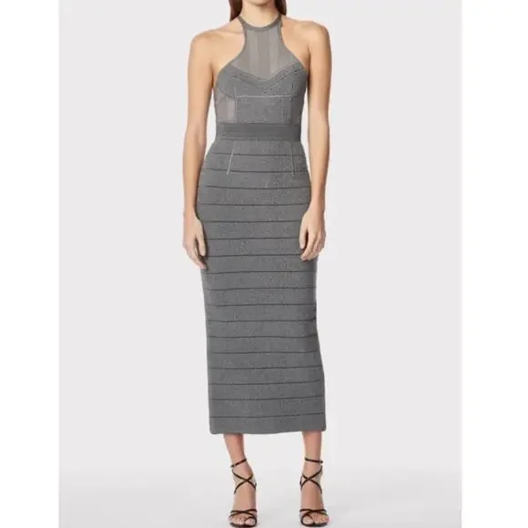 Herve Leger Textured Sheer Bustier Halter Gown Bandage Dress Silver Gray size L - Picture 12 of 15